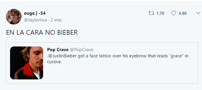 Comentarios en Twitter sobre el nuevo tatuaje de bieber