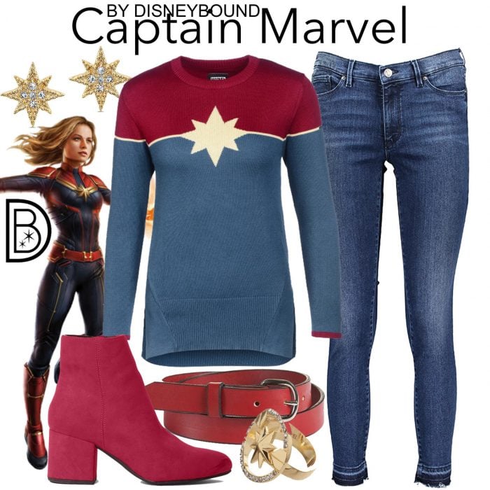 Outfits inspirados en Captain Marvel Disney, suéter de Captain Marvel, pantalón de mezclilla, cinto y botas rojas