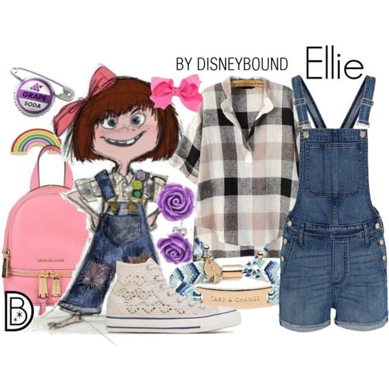 Outfits inspirados en Ellie de Disney, overol de mezclilla, tenis blancos de encaje, mochila rosa y camisa a cuadros beige rosa y negro