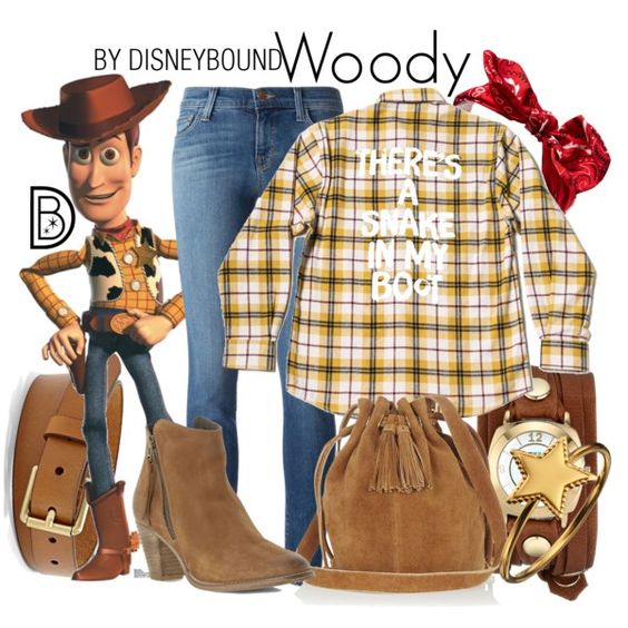Outfits inspirados en Woody de Toy Story Disney, botines y bolsa de gamuza, cinto café, pantalón de mezclilla y camisa a cuadros amarilla