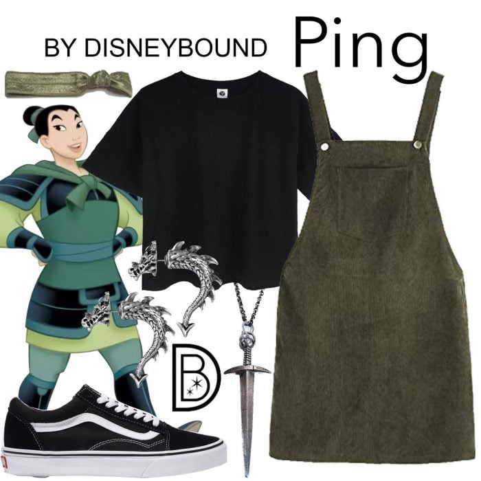 Outfits inspirados en Mulan de Disney, vestido corto verde oscuro, playera negra, bandana verde y tenis negros