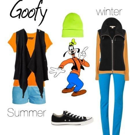 Outfits inspirados en Goofy Disney, playera naranja, pantalón y short azules, tenis negros y chaleco negro