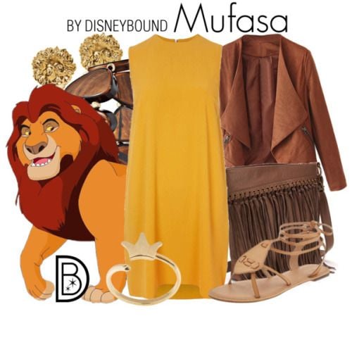 Outfits inspirados en Mufasa de El Rey León de Disney, vestido amarillo, chaqueta café, sandalias color piel