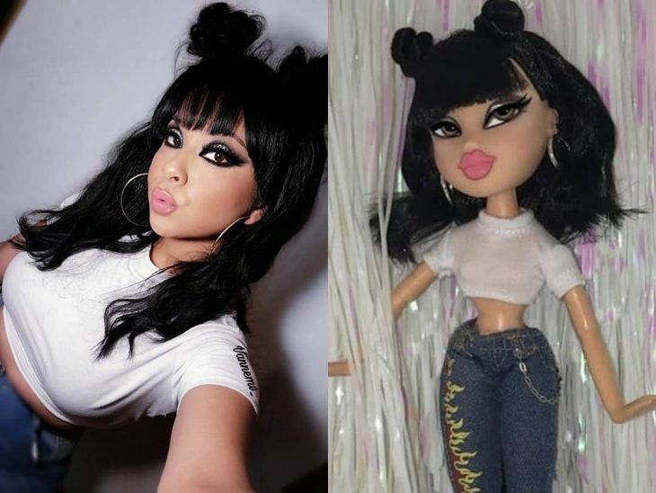 mujer muñeca bratz cabello largo negro y maquillaje 