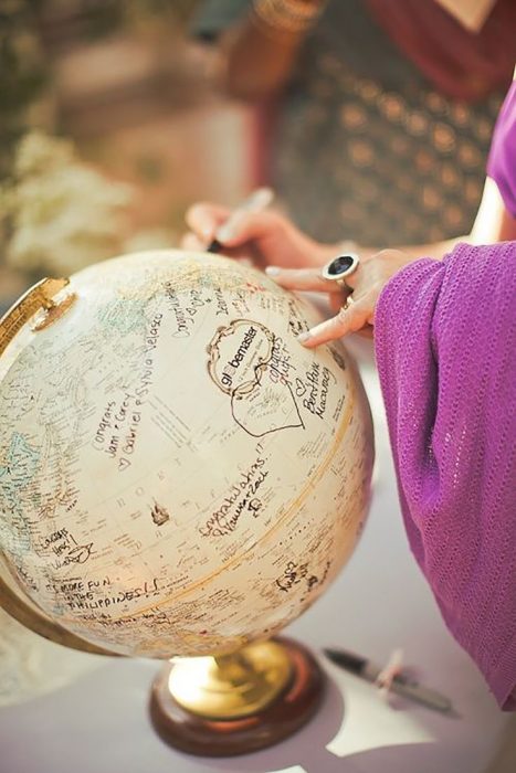 globo terraqueo y manos de mujer con anillo 