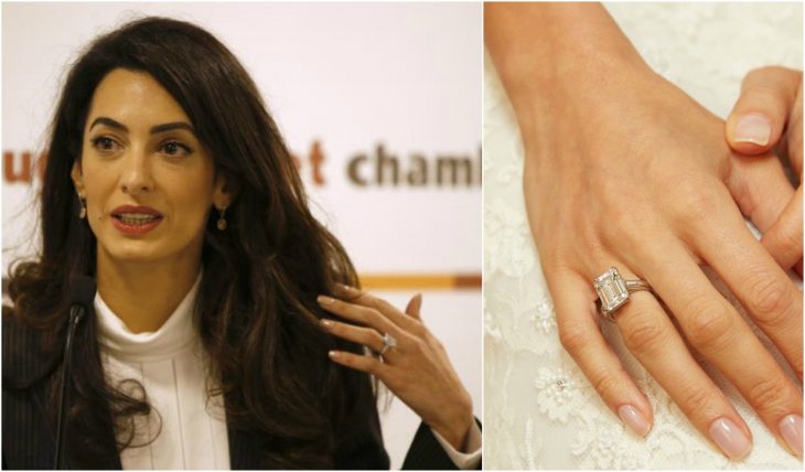 Amal Clooney en una conferencia de la ONU mostrando con la mano su anillo de compromiso 