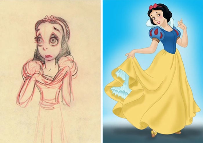 Chica sosteniendo su vestido color amarillo, de cabello corto usando tiara roja, escena película Blancanieves, Disney, antes y después de ser editados