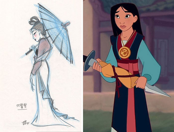 Chica de rasgos orientales, sosteniendo una espada, escena película Mulan, Disney, antes y después de ser editado