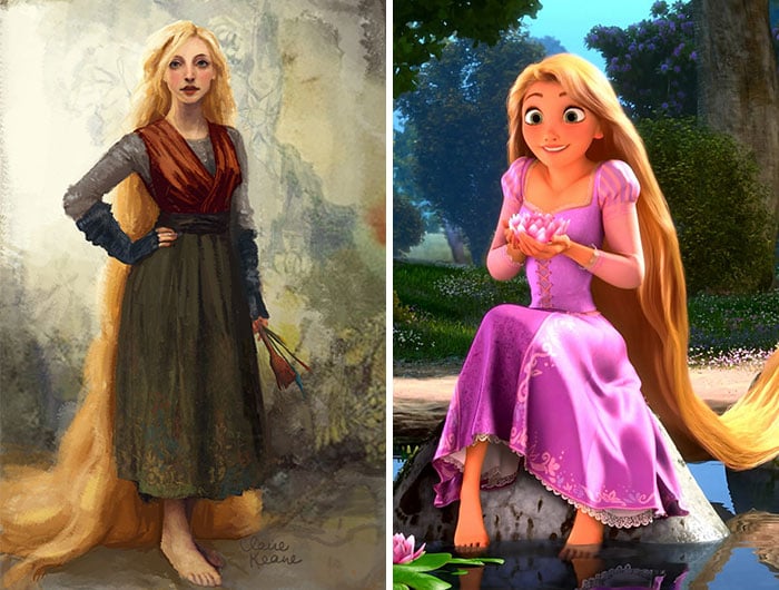 Chica sentada en una roca, sosteniendo flores en sus manos, con cabello largo color rubio, sorprendida, escena Enredados, Disney, antes y después de ser editado