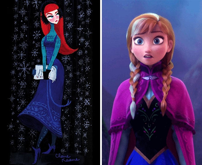 Chic con cabello largo, trenzado, color rubio, vestido azul con corset negro, escena Frozen, Disney, antes y después de ser editado