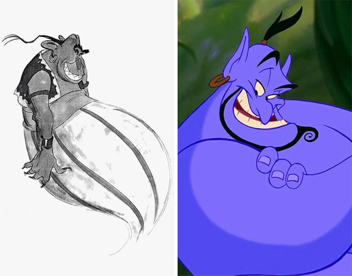 Dibujo de El Genio color purpura, brazos cruzados, escena película Aladdin, Disney, antes y después de ser editado