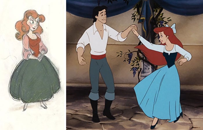 Dibujo animado hecho a lápiz, Chica con vestidos azul bailando con un chico con camisa blanca, escena La Sirenita, Disney, antes y después de ser editado