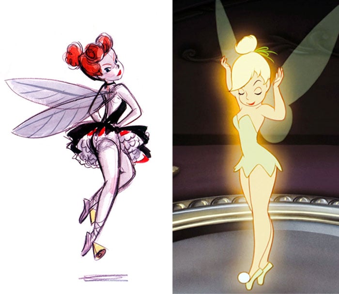 Dibujo animado hecho a lápiz, Campanita de Disney, antes y después de ser editado