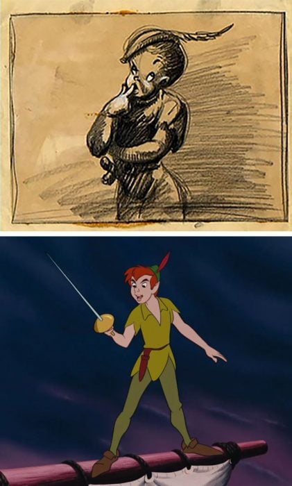 Chico con mayones verdes, gorro con pluma roja, sosteniendo una espada, escena película Peter Pan, Disney, antes y después de ser editado