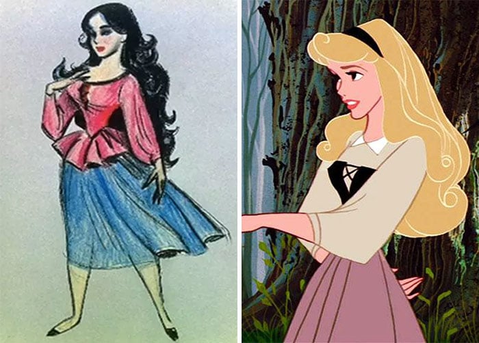 Chica con cabello rubio, largo, de brazos cruzados, parada en el bosque, mirando al frente, escena película La Bella Durmiente, Aurora, Disney, antes y después de ser editado