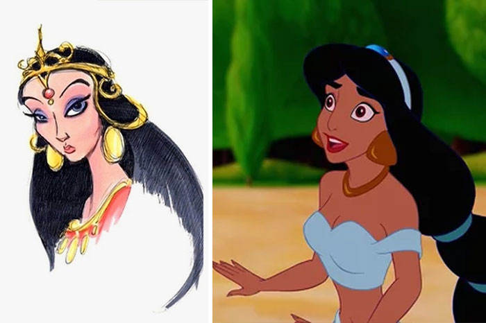 Chica con piel morena, cabello oscuro trenzado, sorprendida, usando crop top azul, escena película Aladdin, Disney, antes y después de ser editado