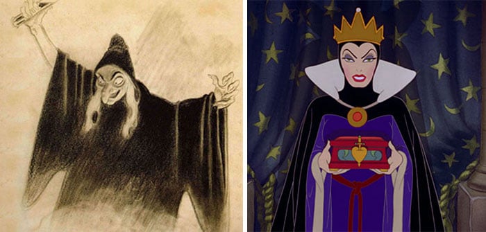 Mujer con vestido morado, capa negro, corona dorada, sosteniendo una caja, escena Blancanieves, Disney, antes y después de ser editado