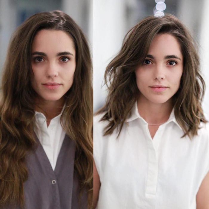 Antes y después de chica con cabello largo y cabello corto, long bob