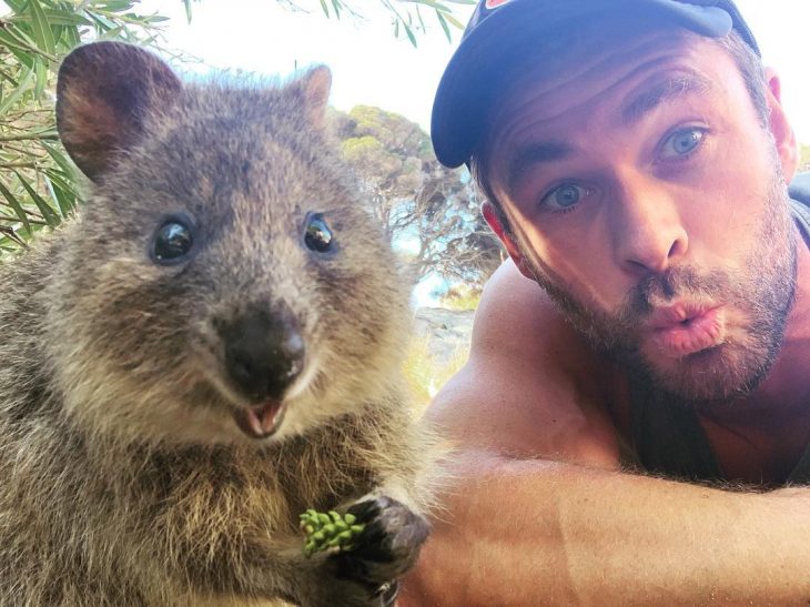 chico posando junto a un quokka 