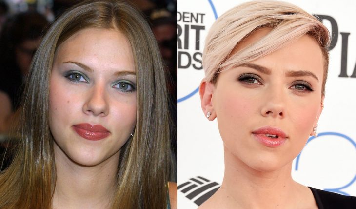 Scarlett Johanson con las cejas delgadas en su juventud y actualmente con las cejas arqueadas y con maquillaje 