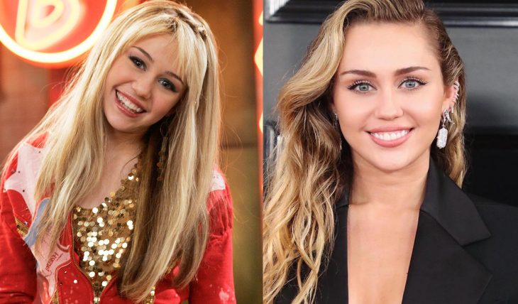 Miley Cyrus mostrando sus cejas cuando trabajaba en Disney como hanna montana y después con las cejas definidas 