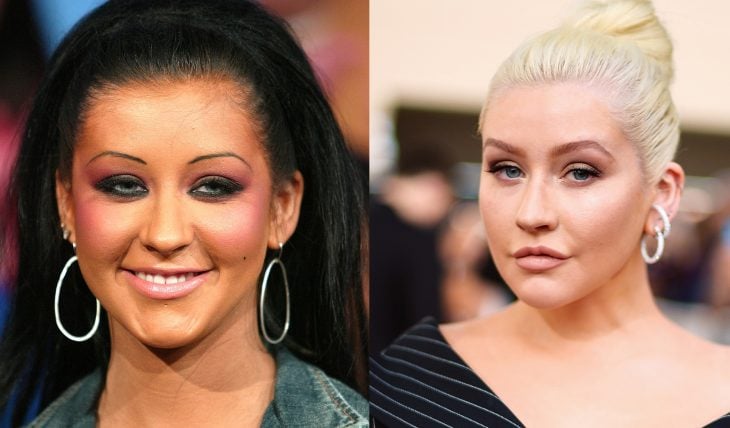 Christina Aguilera acon las cejas delgadas durante los 90 y luego actualmente con las cejas definidas y gruesas