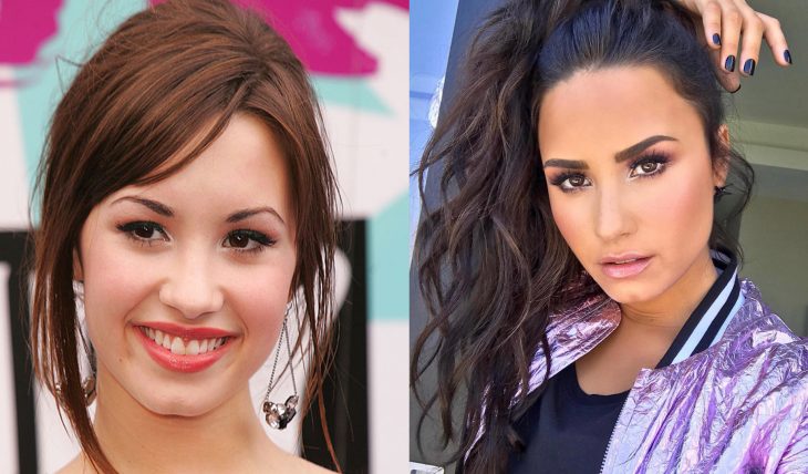 Demi Lovato antes con las cejas arqueadas y delgadas y después de cambiar sus cejas con pigmentos y maquillaje