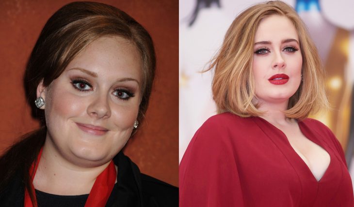 Adele antes con las cejas delgadas y después con las cejas teñidas