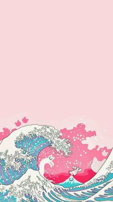 Fondo para celular, wallpaper ilustración de ola japonesa con forma de gato y fondo rosa