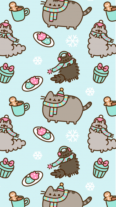 Fondo para celular, wallpaper bonito del gato Pusheen con comida y ropa para el frío en fondo azul