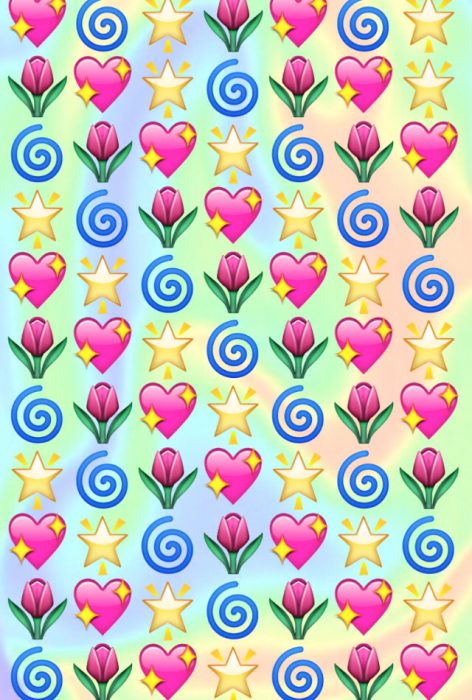 Fondos de pantalla para celular, wallpaper de emojis de estrellas, corazones y flores sobre un fondo de colores