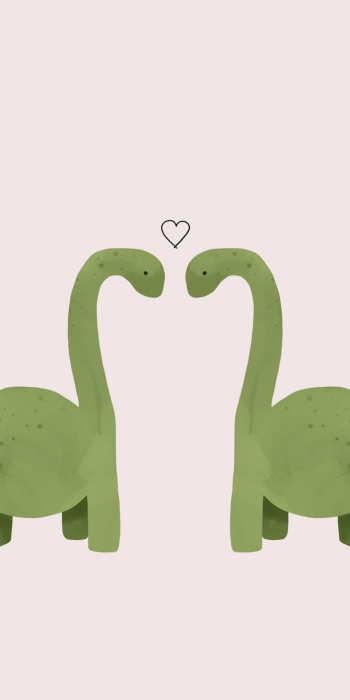 Fondo para celular, wallpaper ilustración de dos dinosaurios con un corazón sobre un fondo rosa