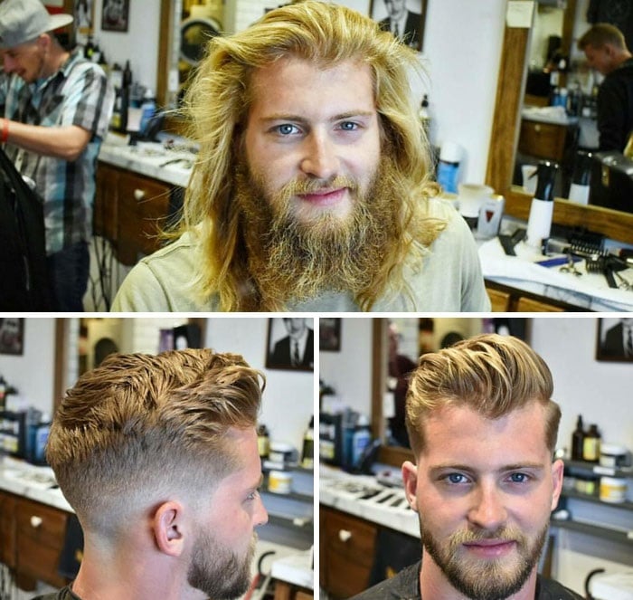 hombre antes y después de cortar su cabello 