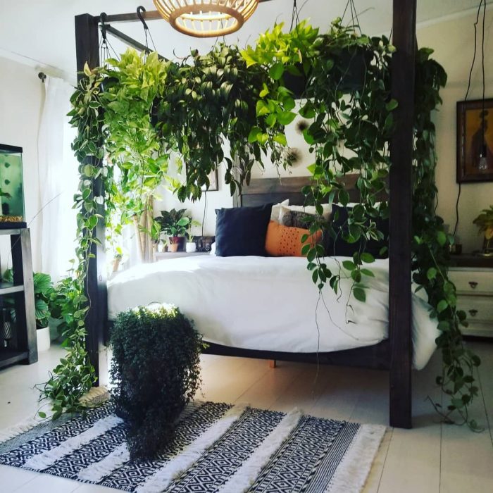 Cama decorada con un dosel hecho de plantas verdes que cuelgan alrededor de toda la cama 