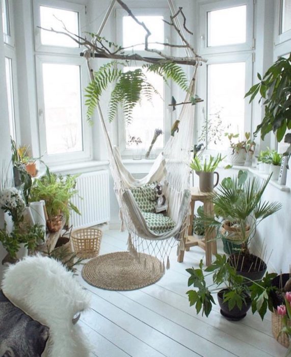 Sala de descanso con una hamaca en el centro, un tapete, cojines y plantas alrededor de diferentes tipos