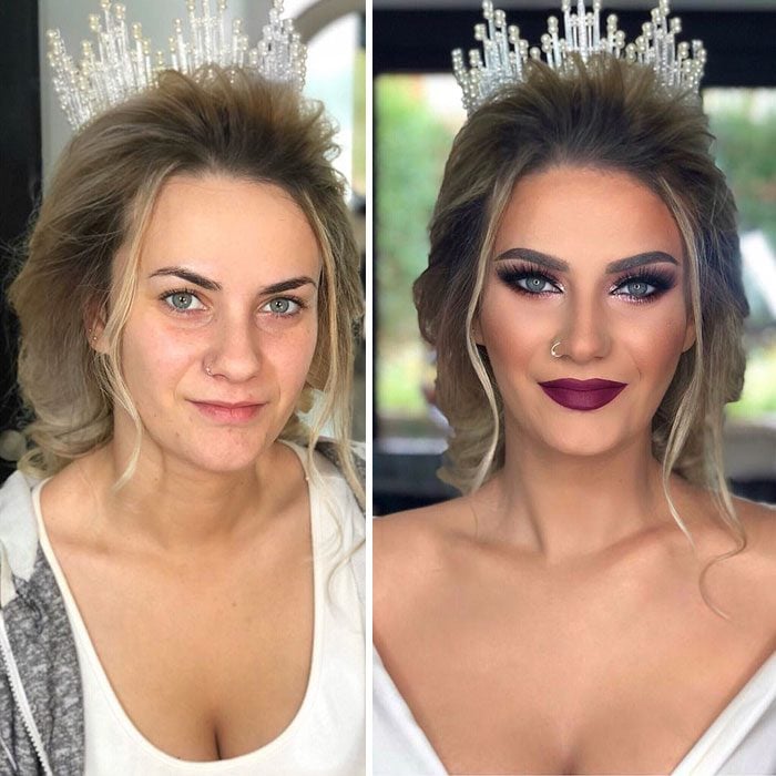 Novia antes y después del maquillaje para su boda