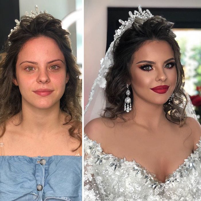 Novia antes y después del maquillaje para su boda