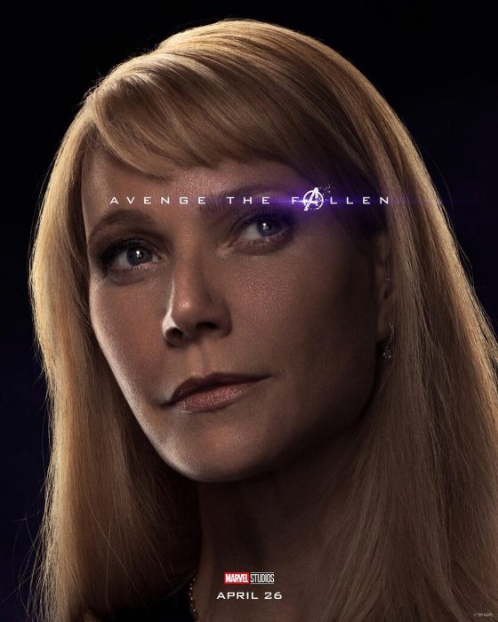 Chica con cabello rubio, con mirada desesperanzada, Pepper Potts, Gwyneth Paltrow, Póster oficial de la película Avengers: Endgame