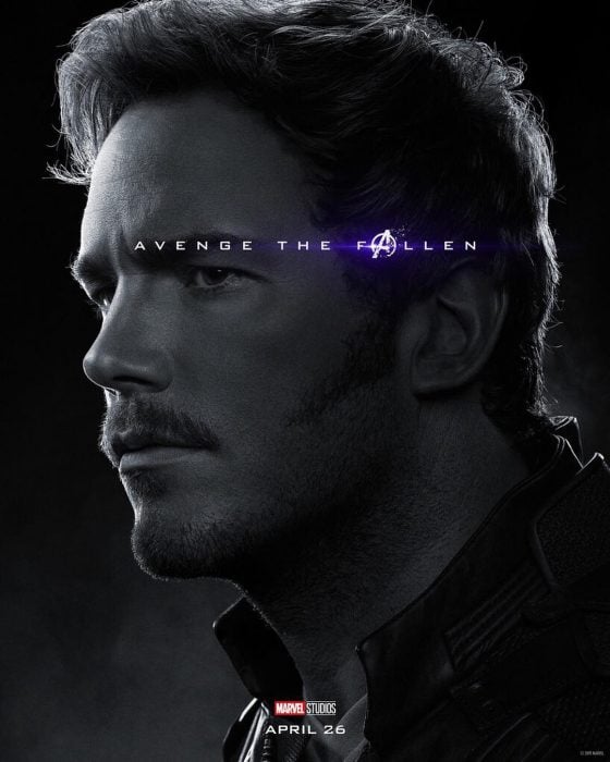 Hombre con nariz afilada, posando de perfil, Star Lord, Chris Pratt, Póster oficial de la película Avengers Endgame