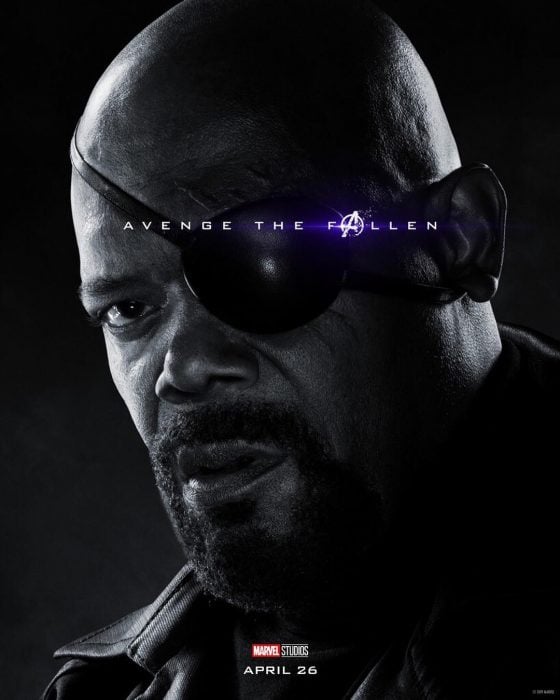 Hombre usando parche en un ojo, Nick Fury, Samuel L. Jackson, Póster oficial de la película Avengers Endgame