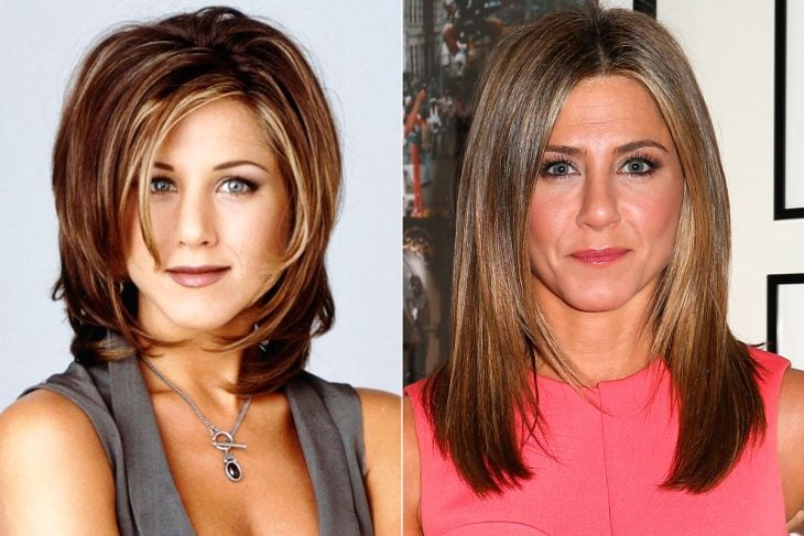 Jennifer Aniston antes y después de maquillar sus cejas con maquillaje 
