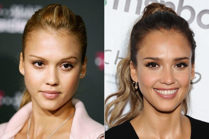 Jessica alba mostrando el antes y después de definir sus cejas con maquillaje