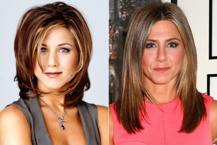 Jennifer Aniston antes y después de maquillar sus cejas con maquillaje 