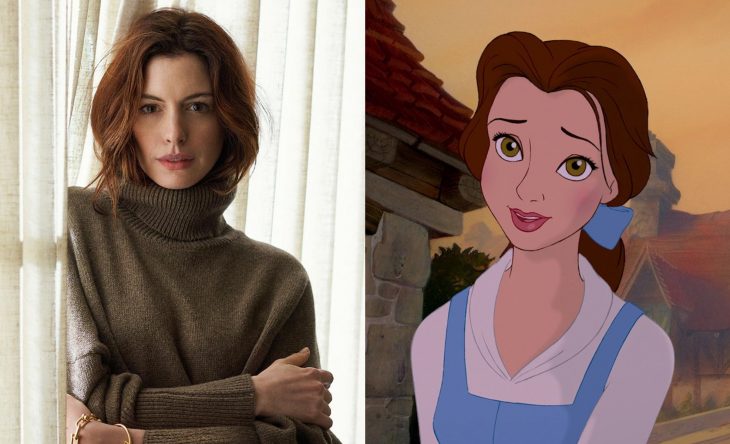 Princesas de películas Disney si fueran famosas de la vida real, actriz Anne Hathaway como Bella de La bella y la bestia