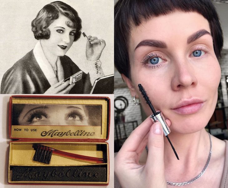 Artículos viejos y nuevos de belleza; rímel Maybelline antiguo y moderno de dos cepillos