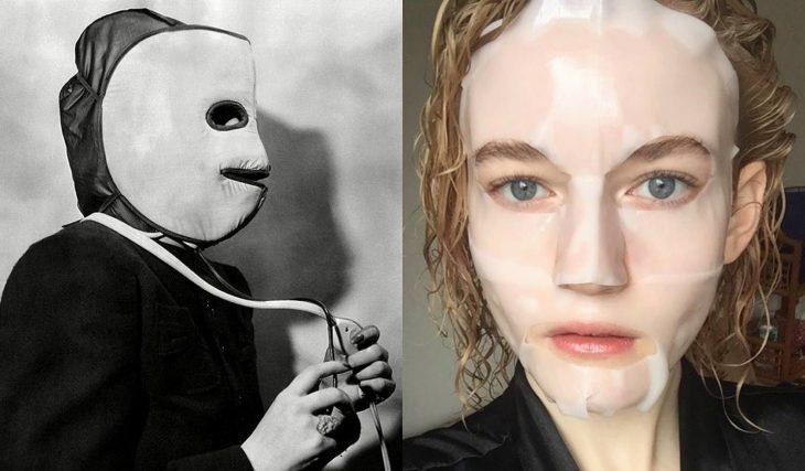 Artículos viejos y nuevos de belleza; máscara para rejuvenecimiento facial antigua y moderna
