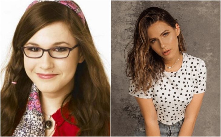 Erin Sanders antes y después, sentada en un banquito, modelando ropa casual, después de haber salido en Zoey 101