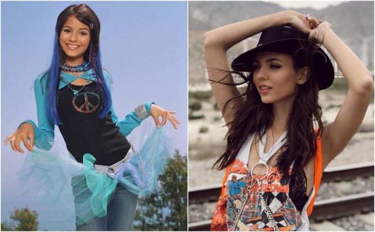 Victoria Justice antes y después, modelando ropa casual sobre unas vías de tren en un lugar vacío 