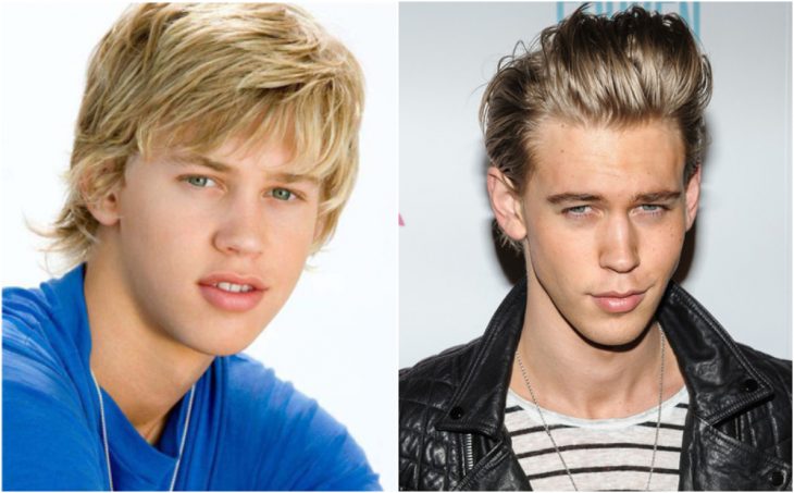 Austin Butler modelando chaqueta de cuero y camisa a rayas, elenco serie Zoey 101