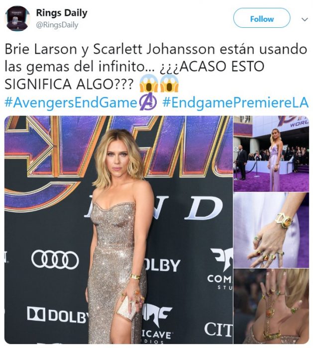 Twitter reacciona a Scarlett Johansson que interpreta a la Viuda Negra y Brie Larson en el papel de Capitana Marvel en la premiere de la película de Avengers: Endgame en Los Angeles, usando las gemas del infinito